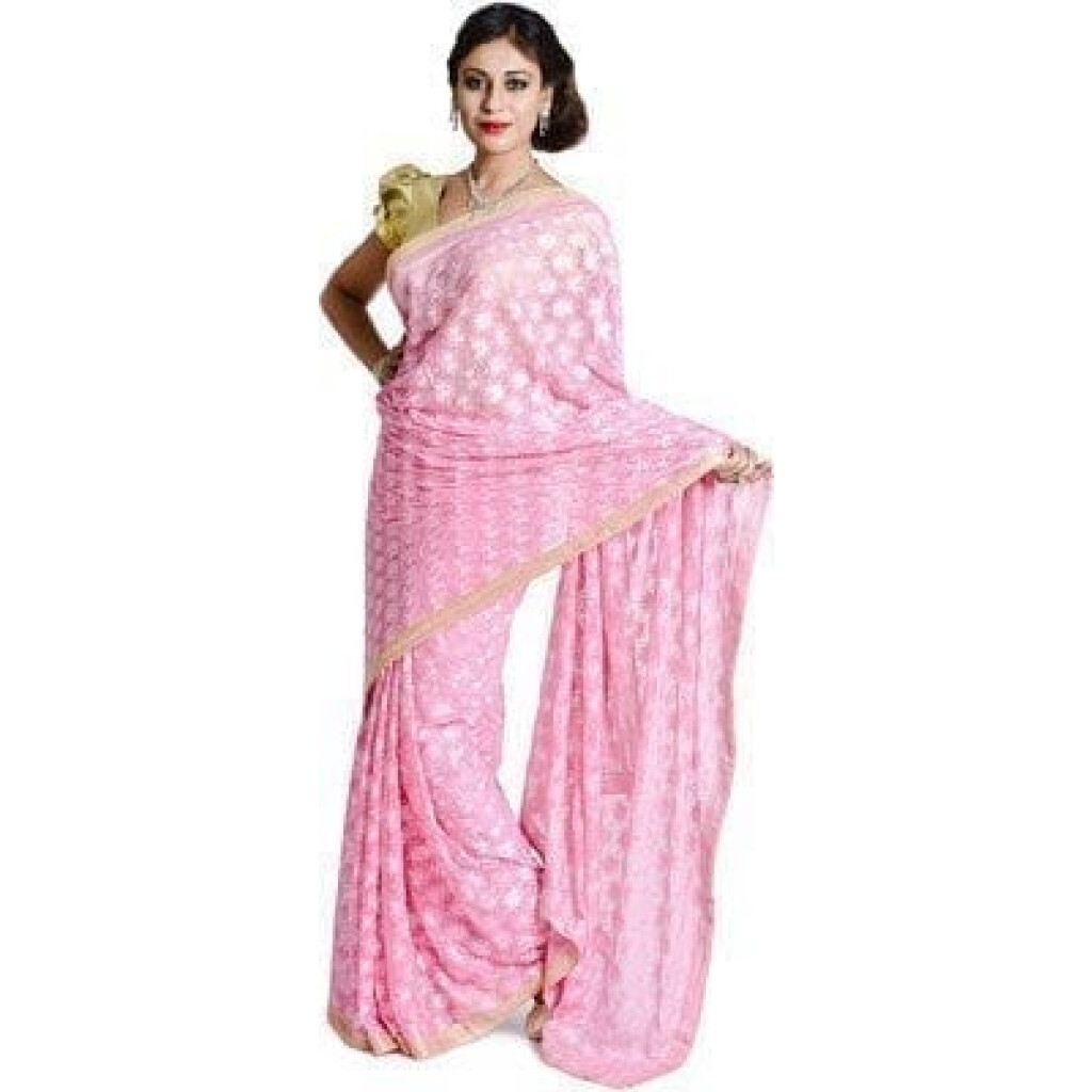 Pink Phulkari Saree Faux Chiffon Sari S5 - muteyaar.com