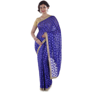 Fawn Phulkari Saree Embroidered Faux Chiffon Sari S10 - muteyaar.com
