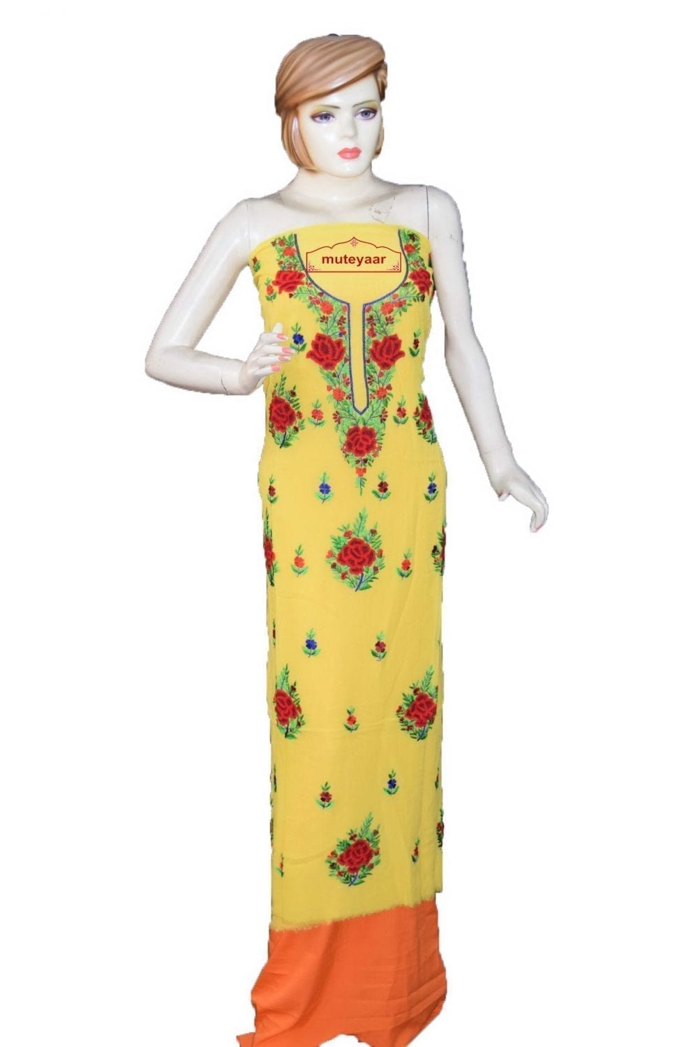yellow GEORGETTE LONG Kurti Hand Embroidered Party Wear Unstitched ...