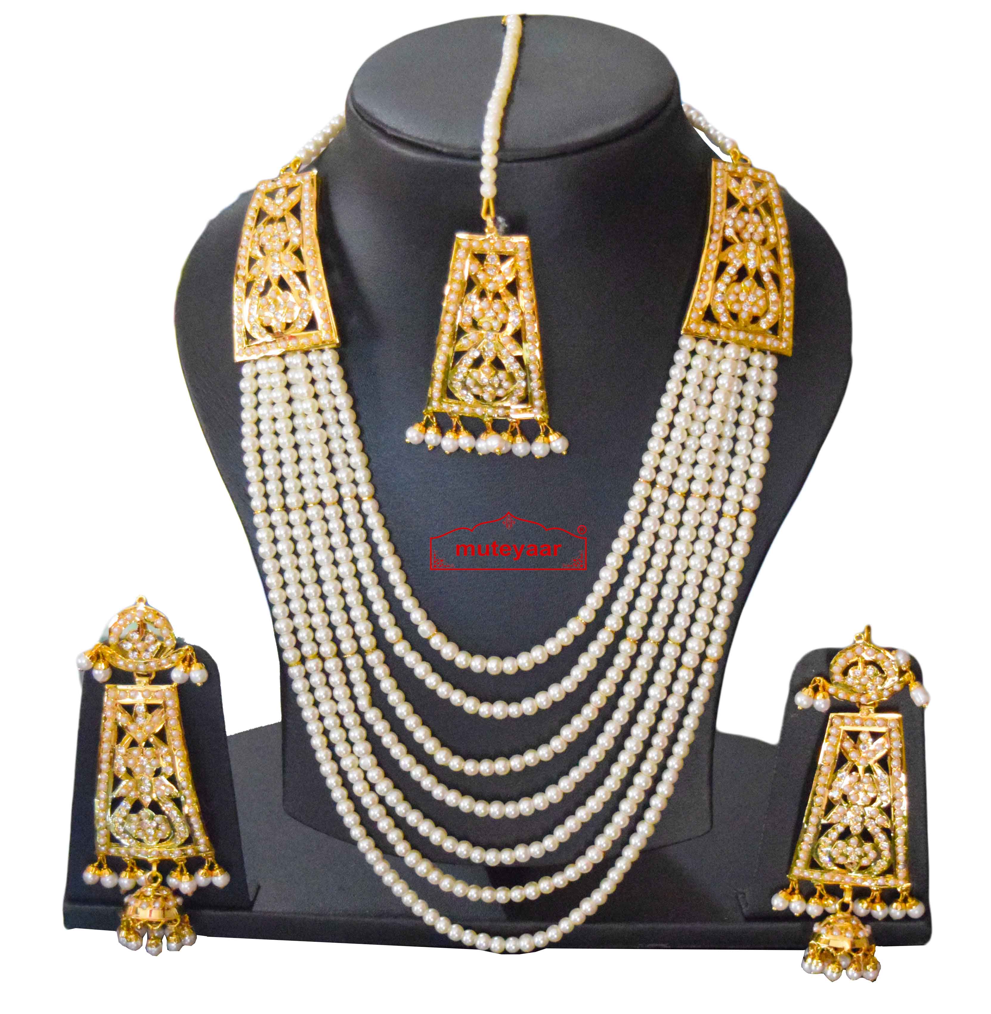 Gold Polish Traditional Punjabi Jadau White Maharani Haar Set J0404 - www.muteyaar.com
