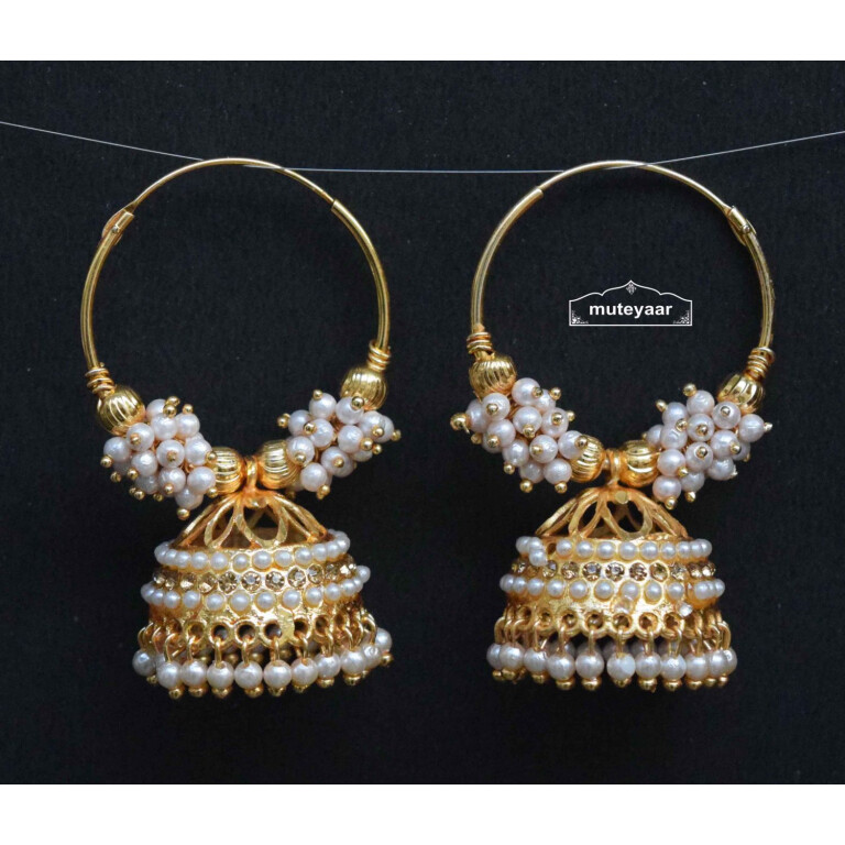 Golden White Jadau Jhumki Bali Earrings J0497 - muteyaar.com