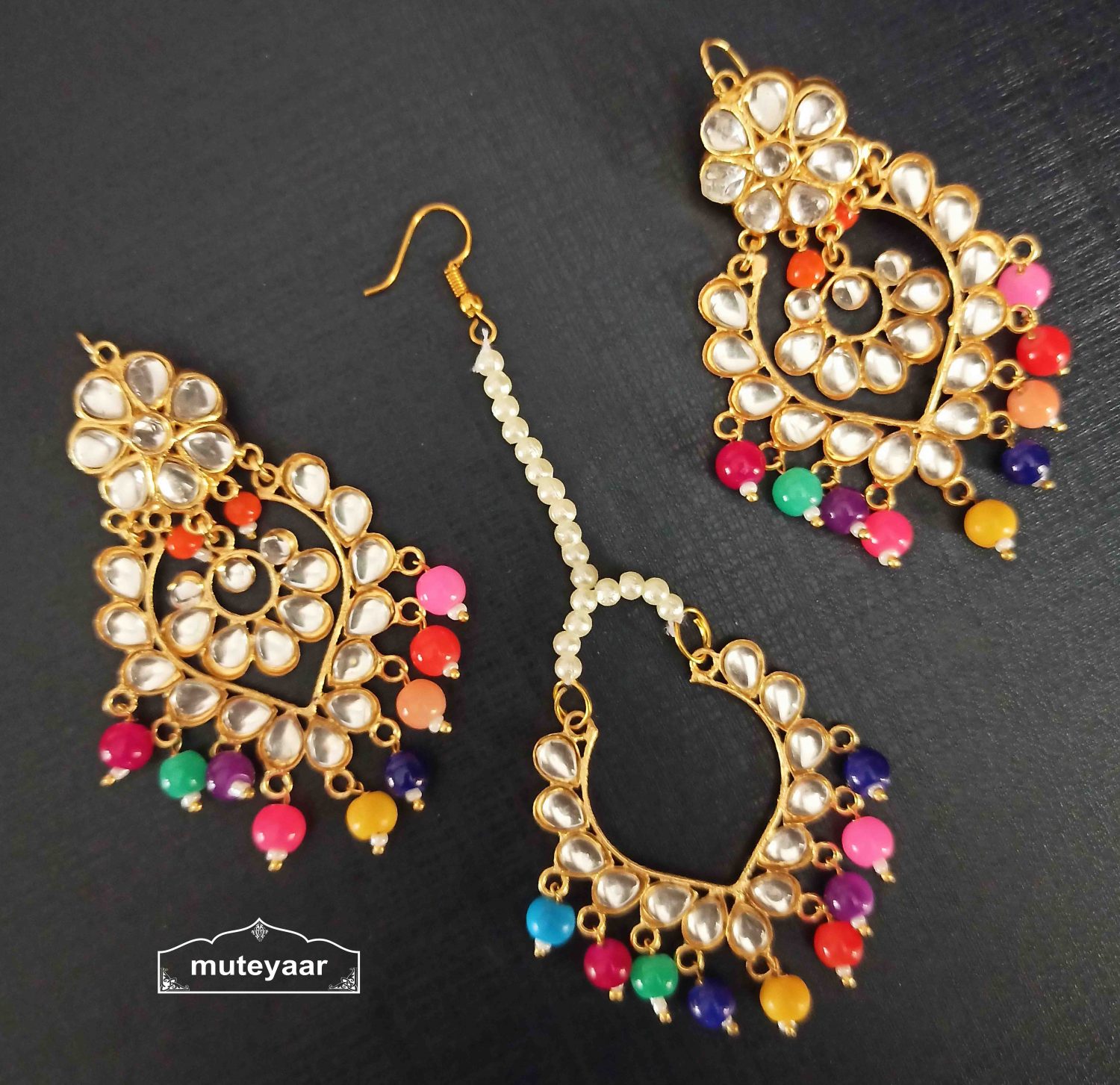 Kundan Tikka Earrings Set with Multicolour Beads J0524 - www.muteyaar.com