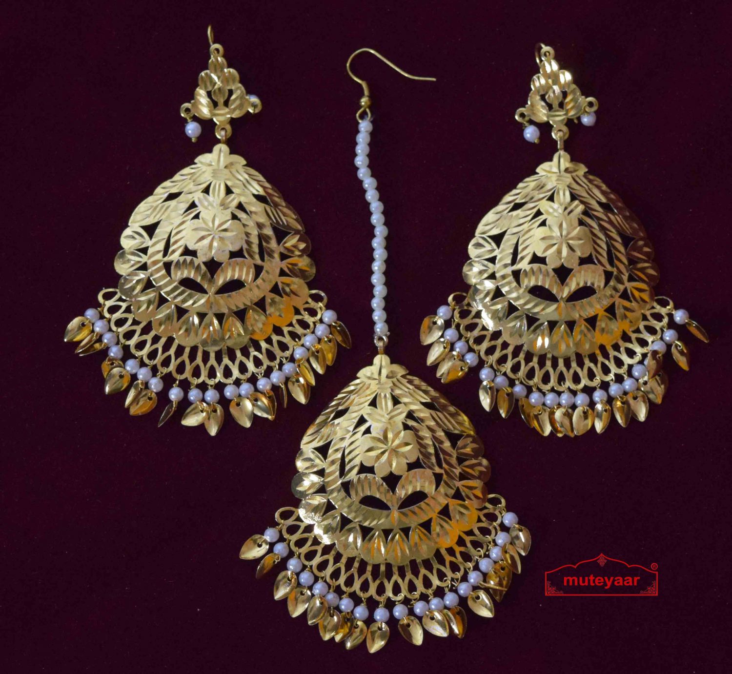 Cut Work Golden Earrings Tikka Set J0564 Www Muteyaar Com